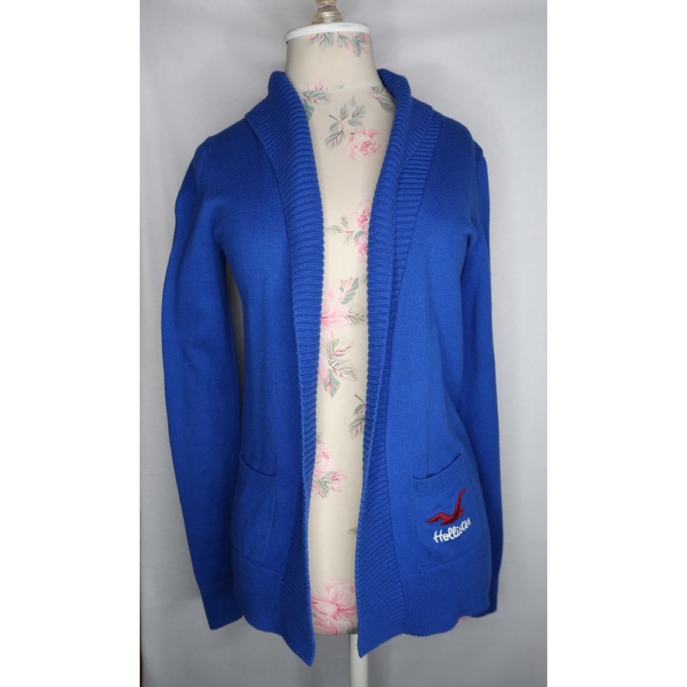 Hollister Blue‎ Open Front Shawl Collar Cardigan Sweater Logo Pockets Women's S